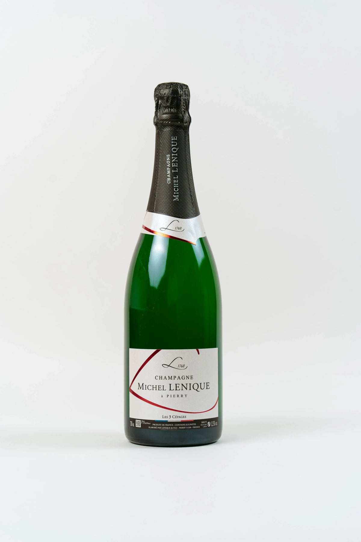 Bottle of Michel Lenique Brut Champagne, 75 cl, blended from Chardonnay, Pinot Noir and Meunier, on a white background