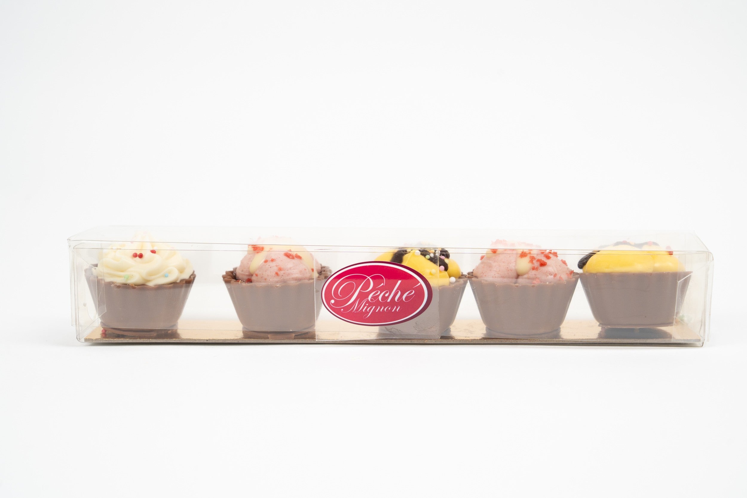 Coffret de cupcakes en chocolat belge fourrés fraise, banane et amande