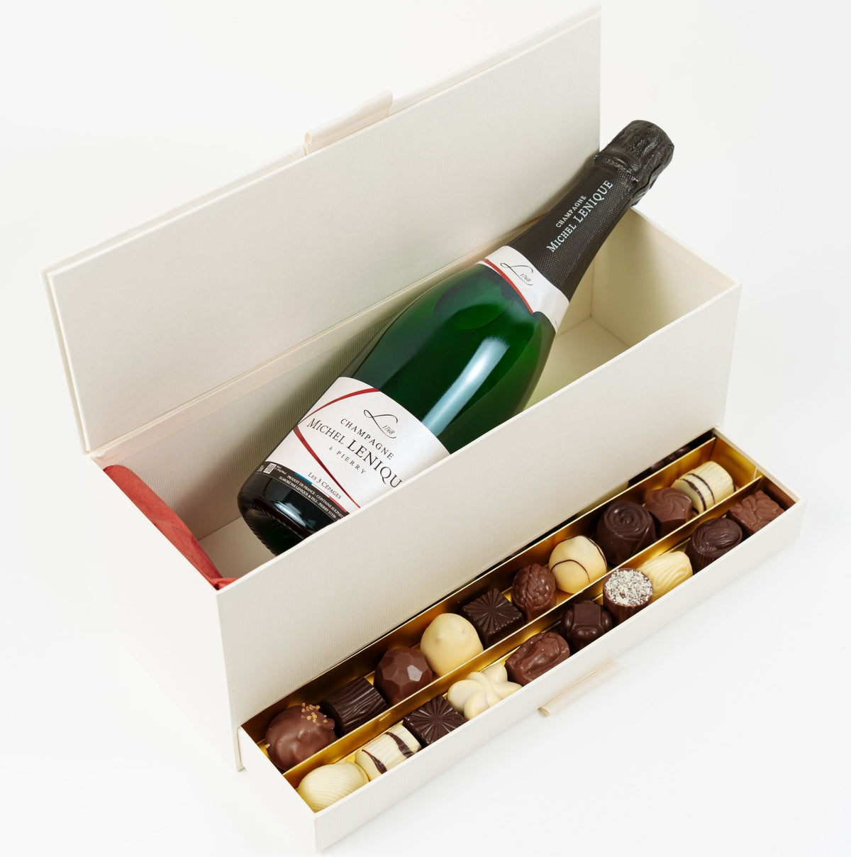 Coffret cadeau avec bouteille de champagne et assortiment de pralines artisanales belges