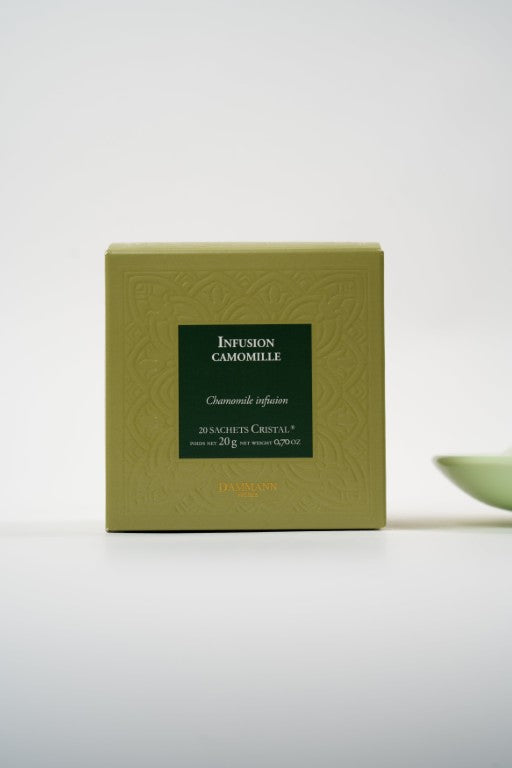 Dammann Frères chamomile infusion herbal tea box with 20 crystal sachets.
