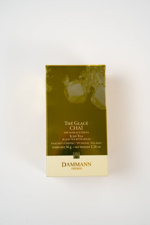 Dammann Frères chai iced tea black tea with spices box and crystal tea bags.