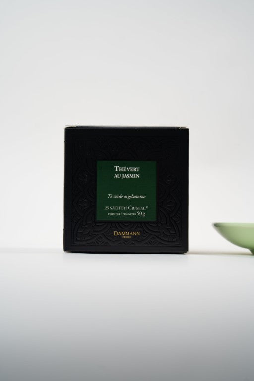 Dammann Frères jasmine green tea box with 25 crystal sachets.