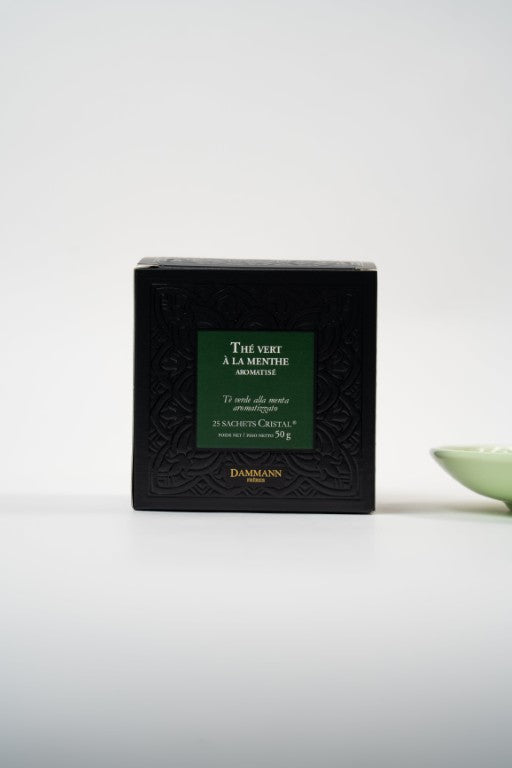 Dammann Frères mint green tea box with 25 crystal sachets.