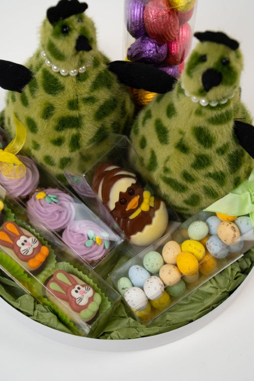 Close-up of Easter chocolates with bunny decorations, pralines and chocolate eggs.