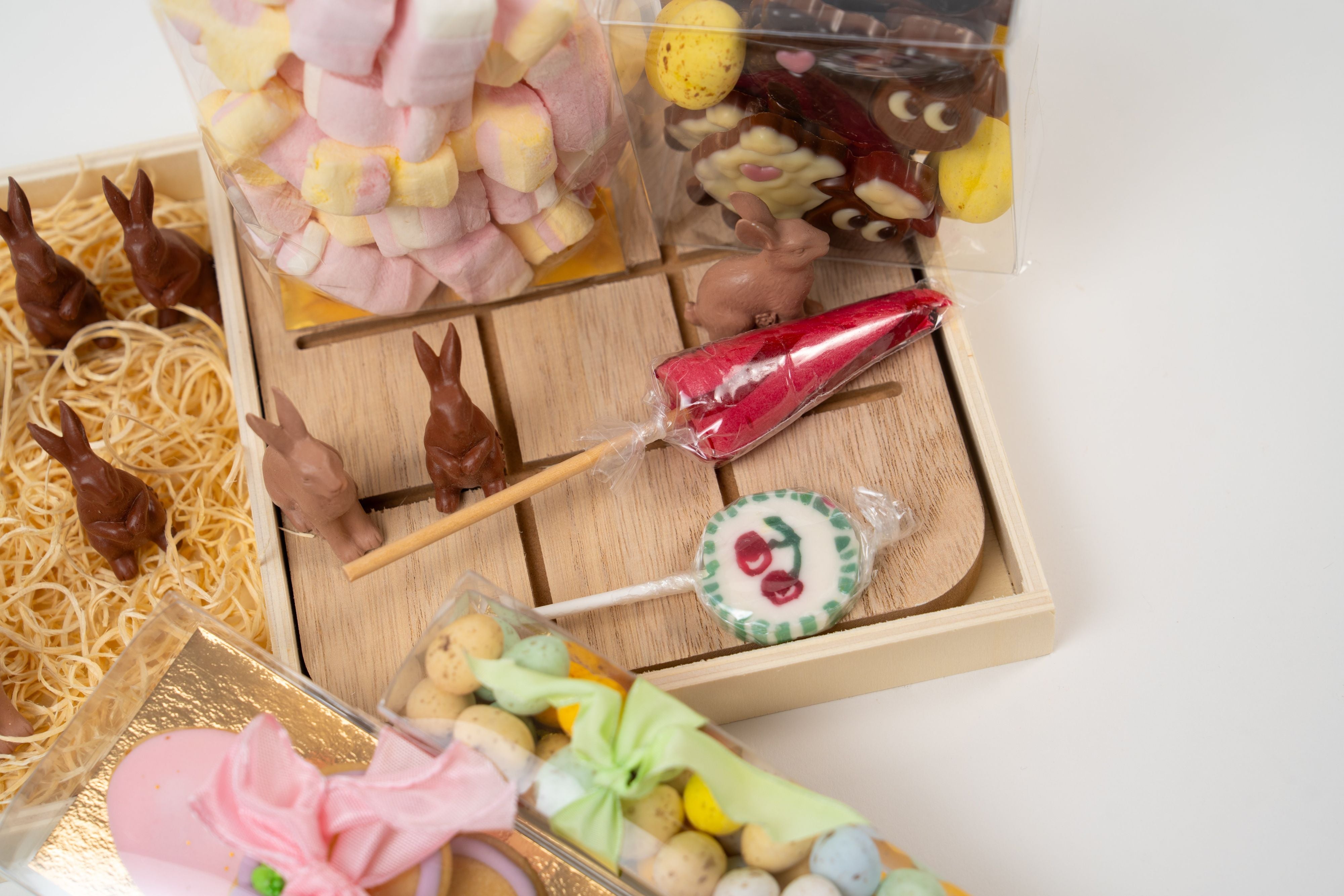 Easter chocolate tic tac toe gift set with chocolate bunny pieces marshmallows and sweets by Le Péché Mignon