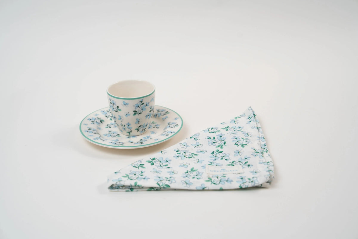 Ensemble tasse thé et expresso à fleurs bleues avec serviette de table assortie