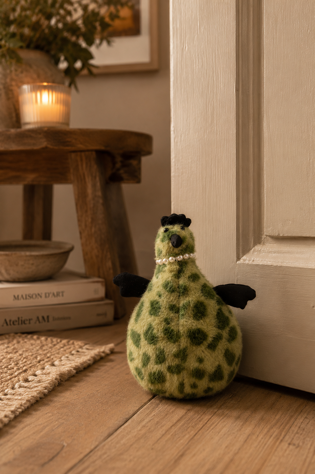 Green bird-shaped plush door stopper in a warm cosy interior beside a cream wooden door with soft ambient lighting.