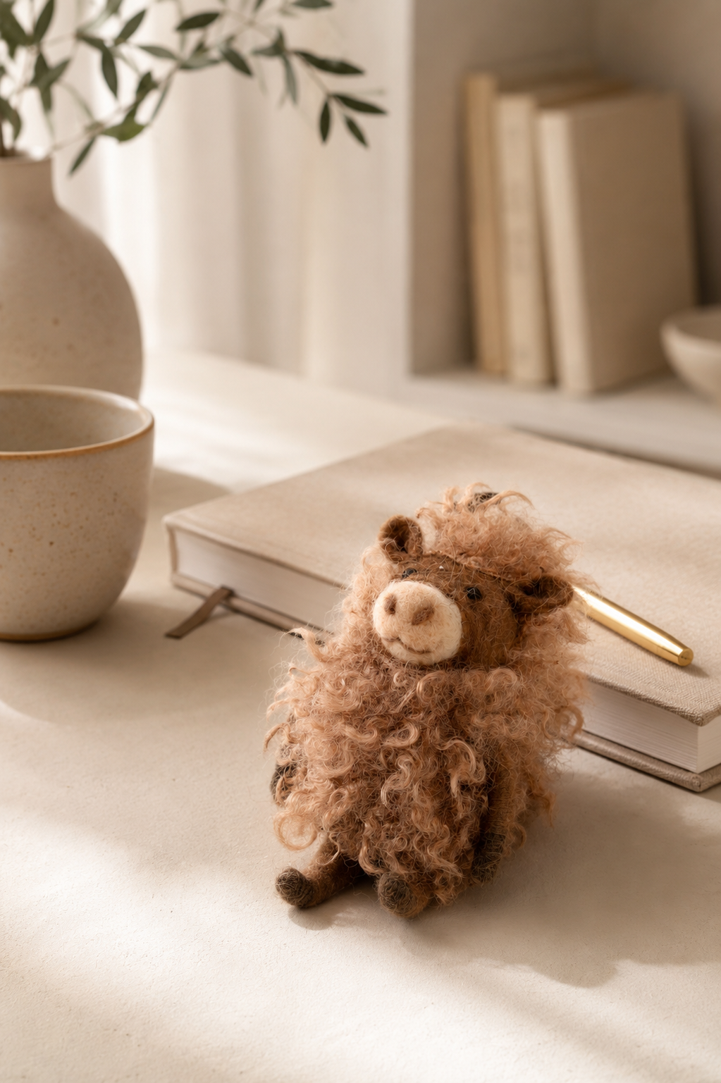 Gry & Sif curly felt hedgehog styled on a neutral desk with a notebook, pen, and warm natural light.