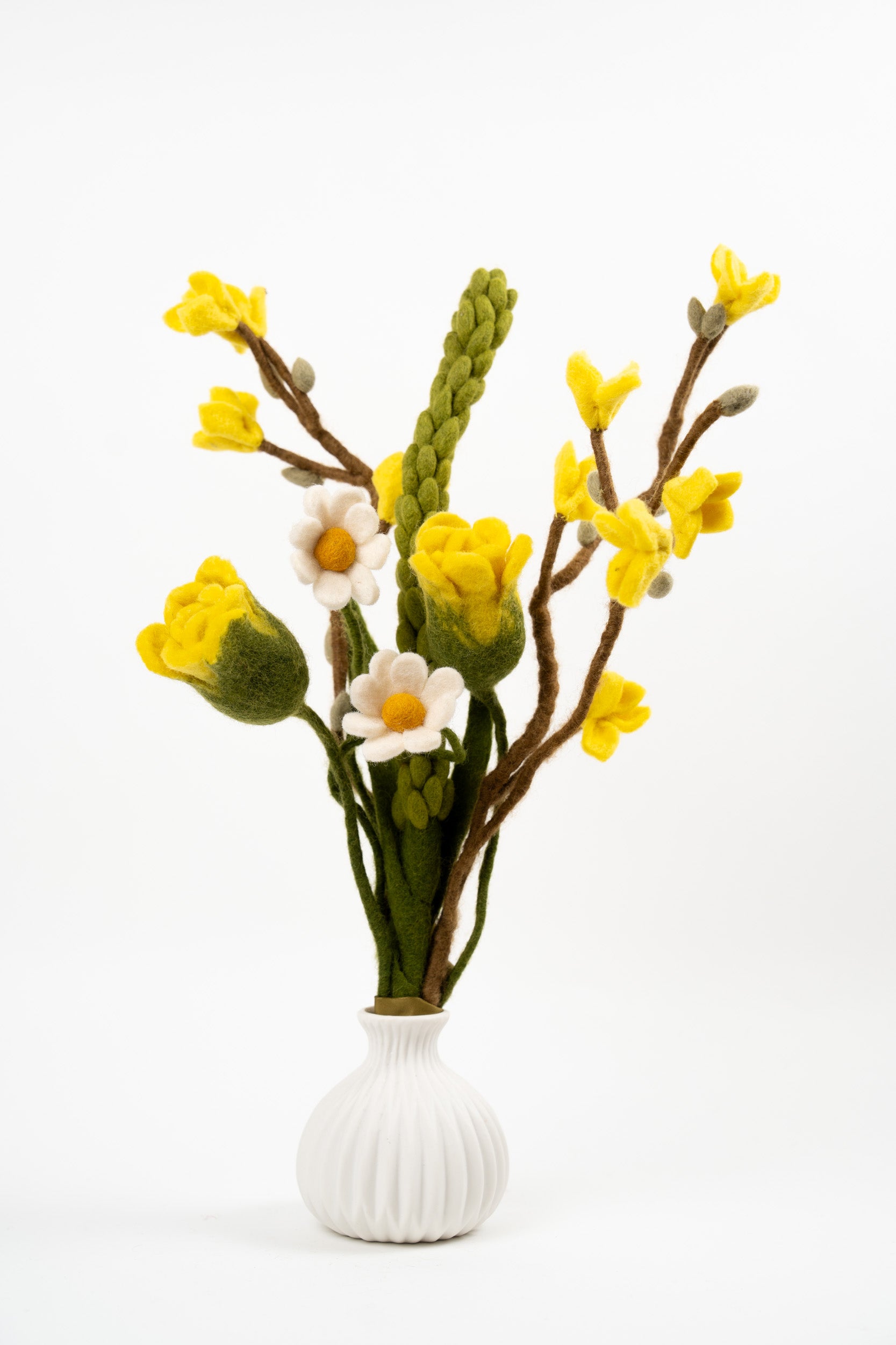 Handmade Gry & Sif felt spring bouquet with yellow tulips, white anemones and decorative branches in a white vase