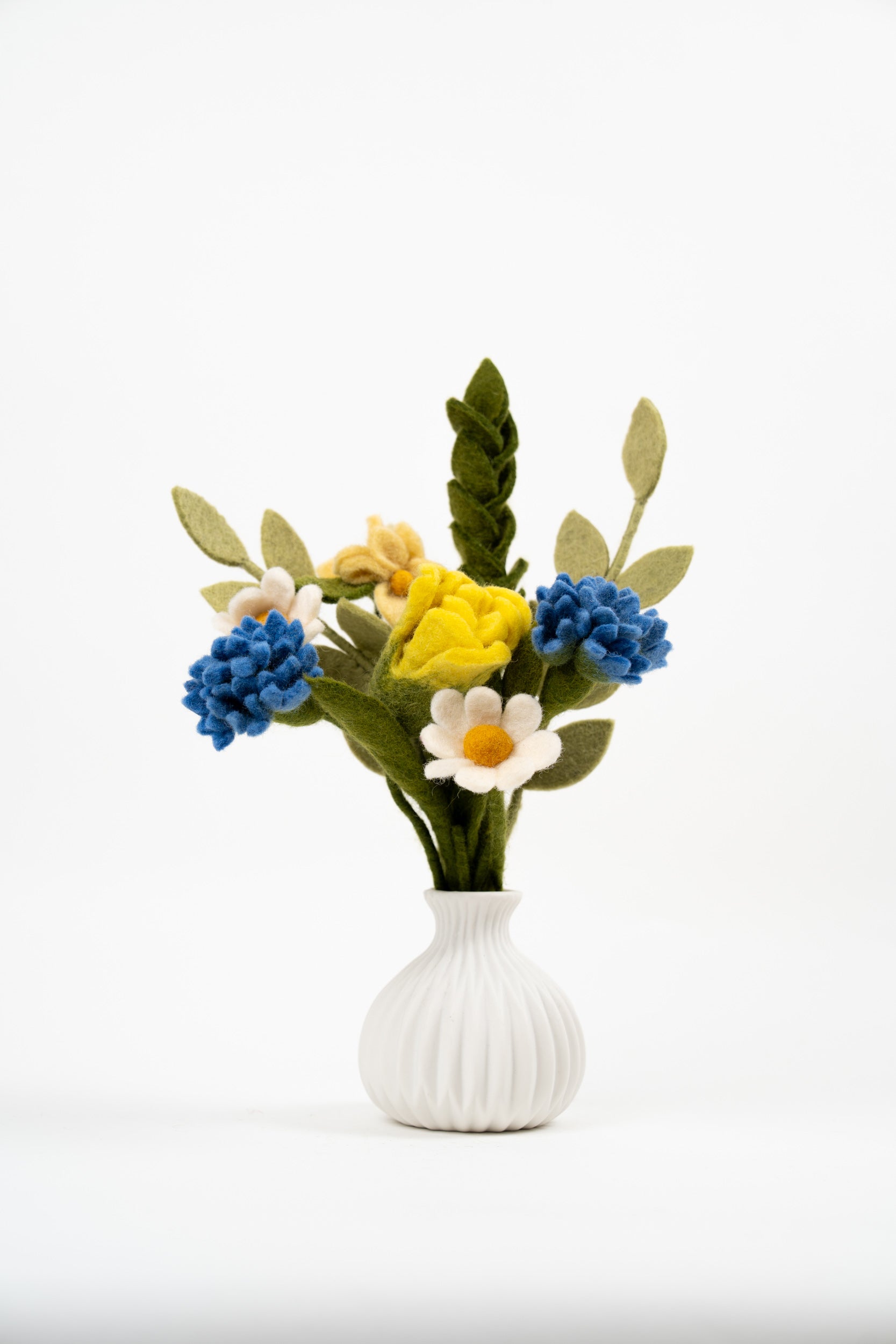 Gry & Sif spring felt flower bouquet in blue yellow and white handmade fair trade decoration