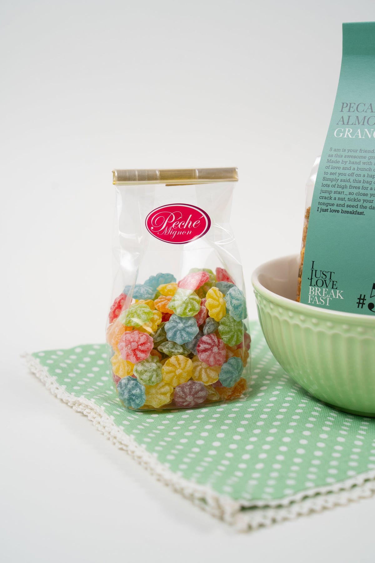 Colorful fruit candy drops in clear bag