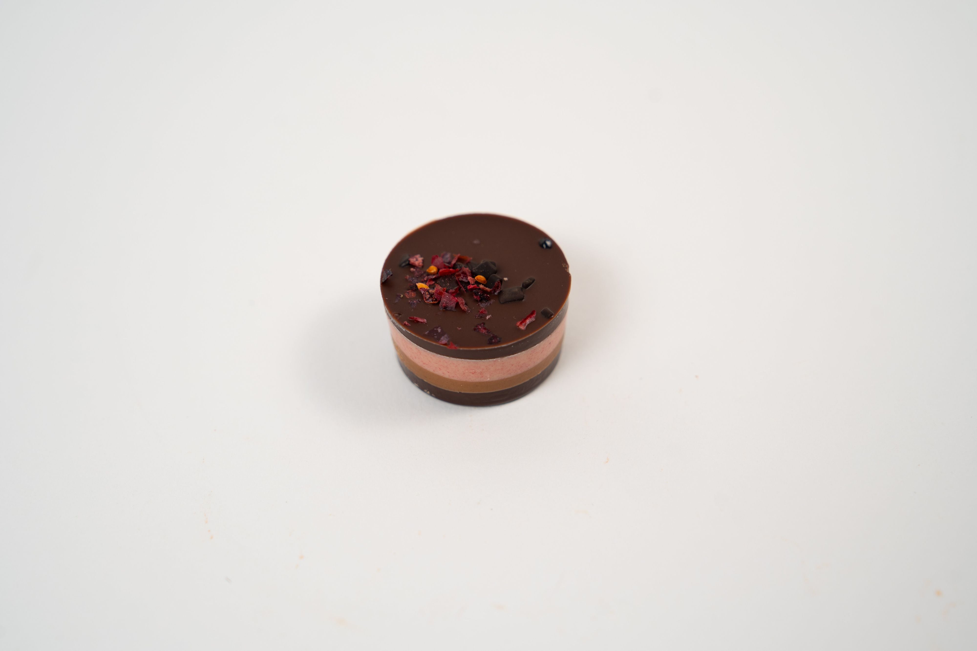 Dark chocolate raspberry hazelnut nougat praline