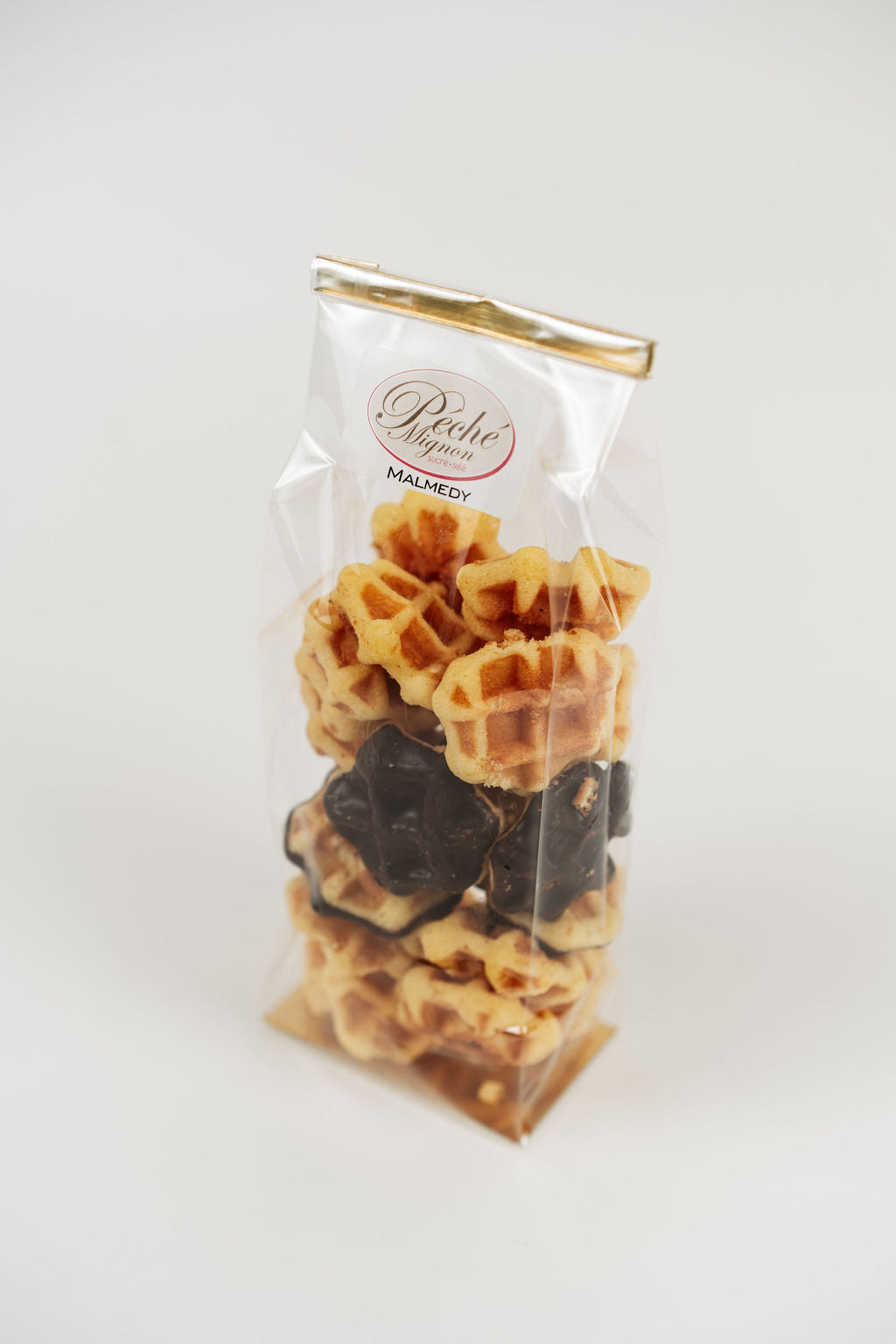 Sachet de mini gaufres artisanales au beurre et chocolat – produit Péché Mignon prêt à offrir