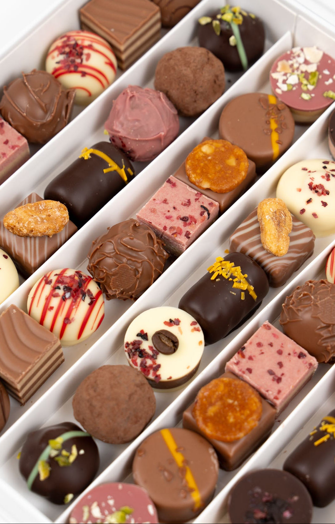 Close-up of assorted German pralines in Nessi coffret 525g featuring ganache, truffles and layered chocolates