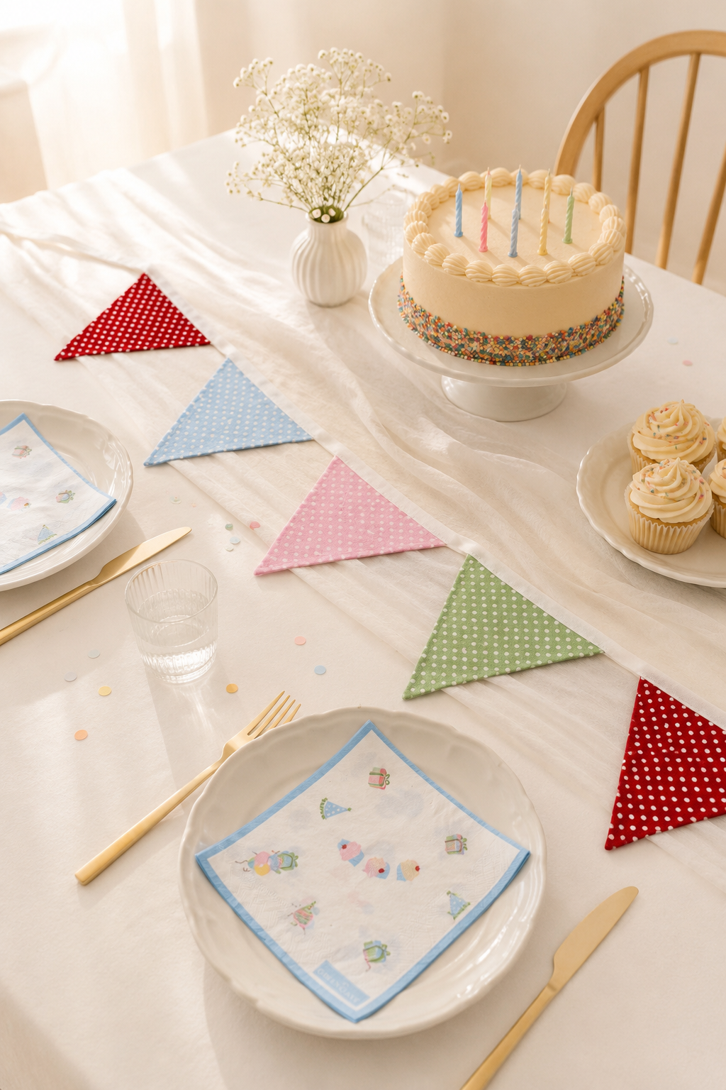 Pastel polka-dot fabric birthday garland and illustrated party napkins styled on a minimalist white birthday table with cake, cupcakes and soft natural light.