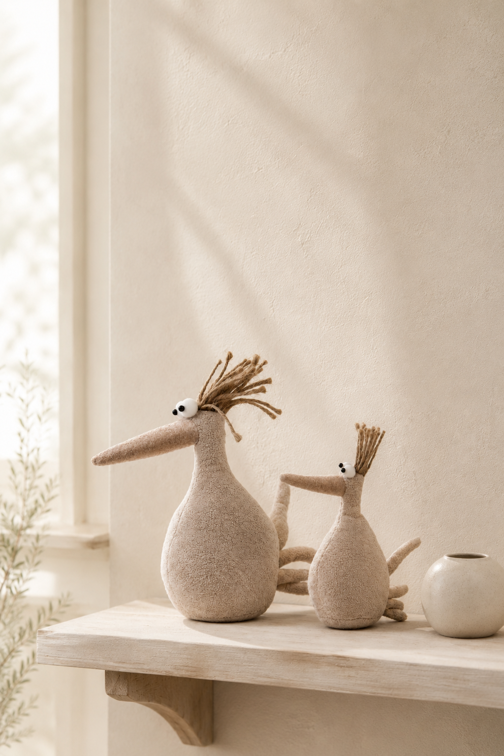 Pair of neutral fabric bird figures styled on a wooden shelf in soft natural light.