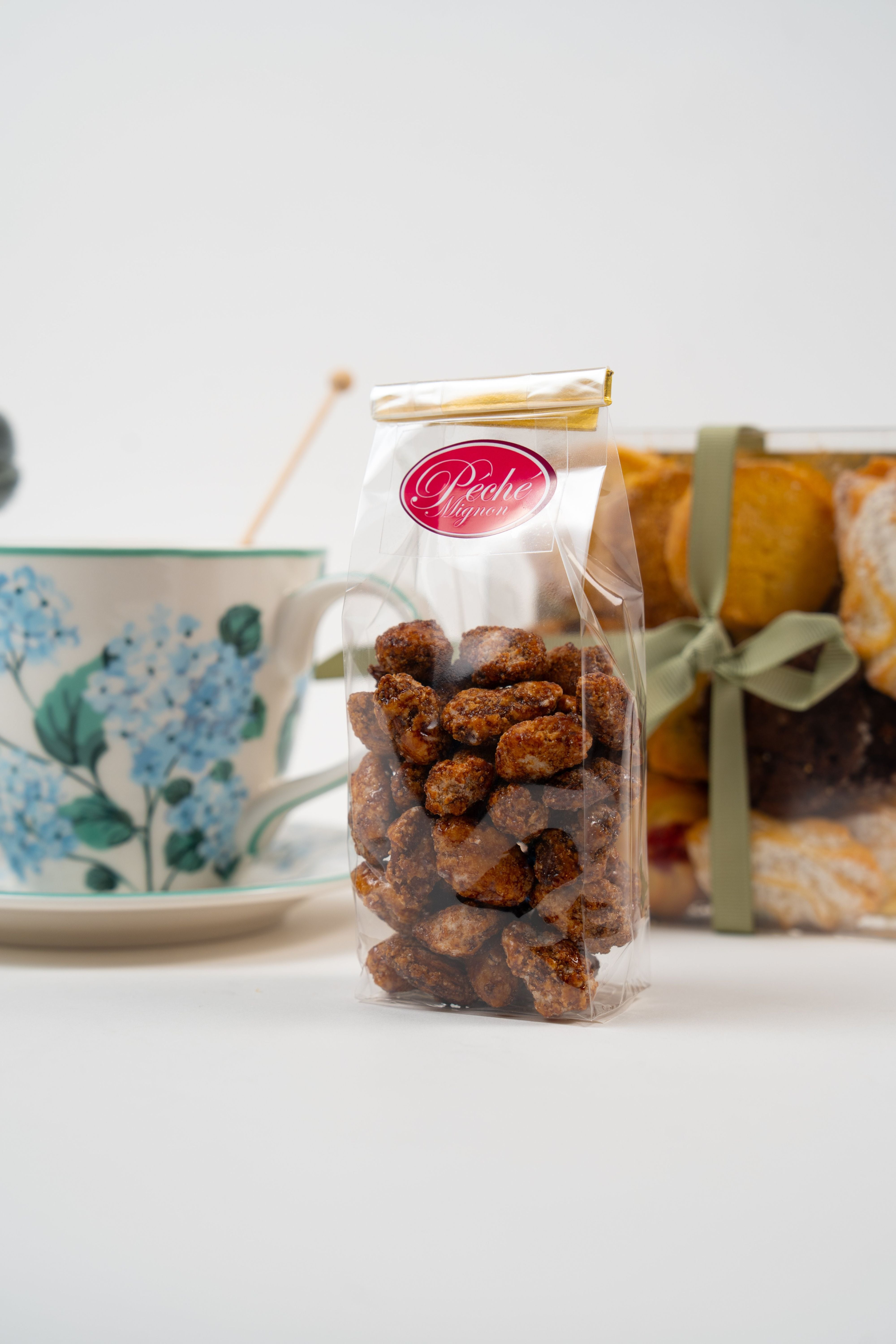 Caramelized almonds packaged in clear bag