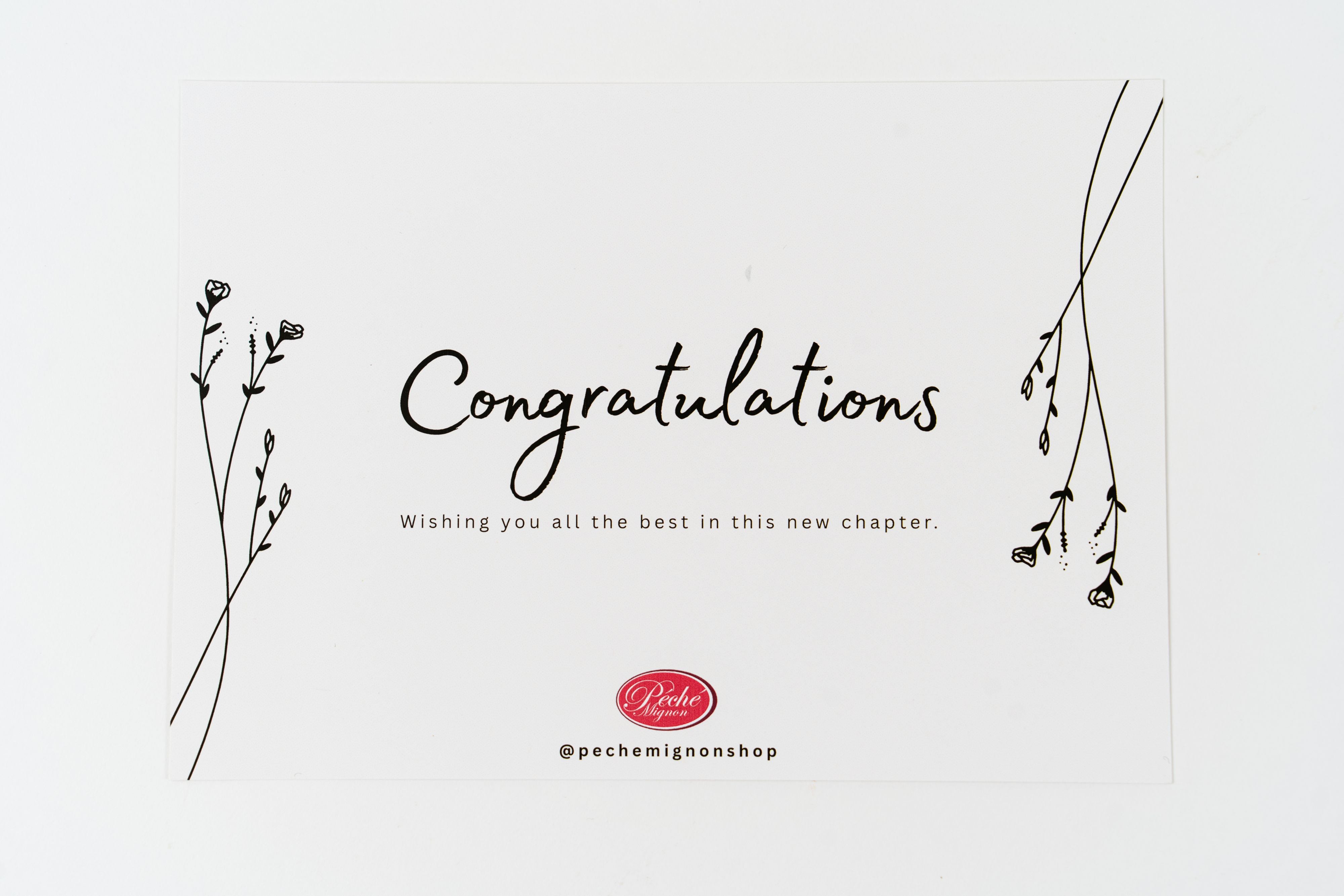 Minimal congratulations greeting card with elegant floral illustrations and Péché Mignon branding on a white background.