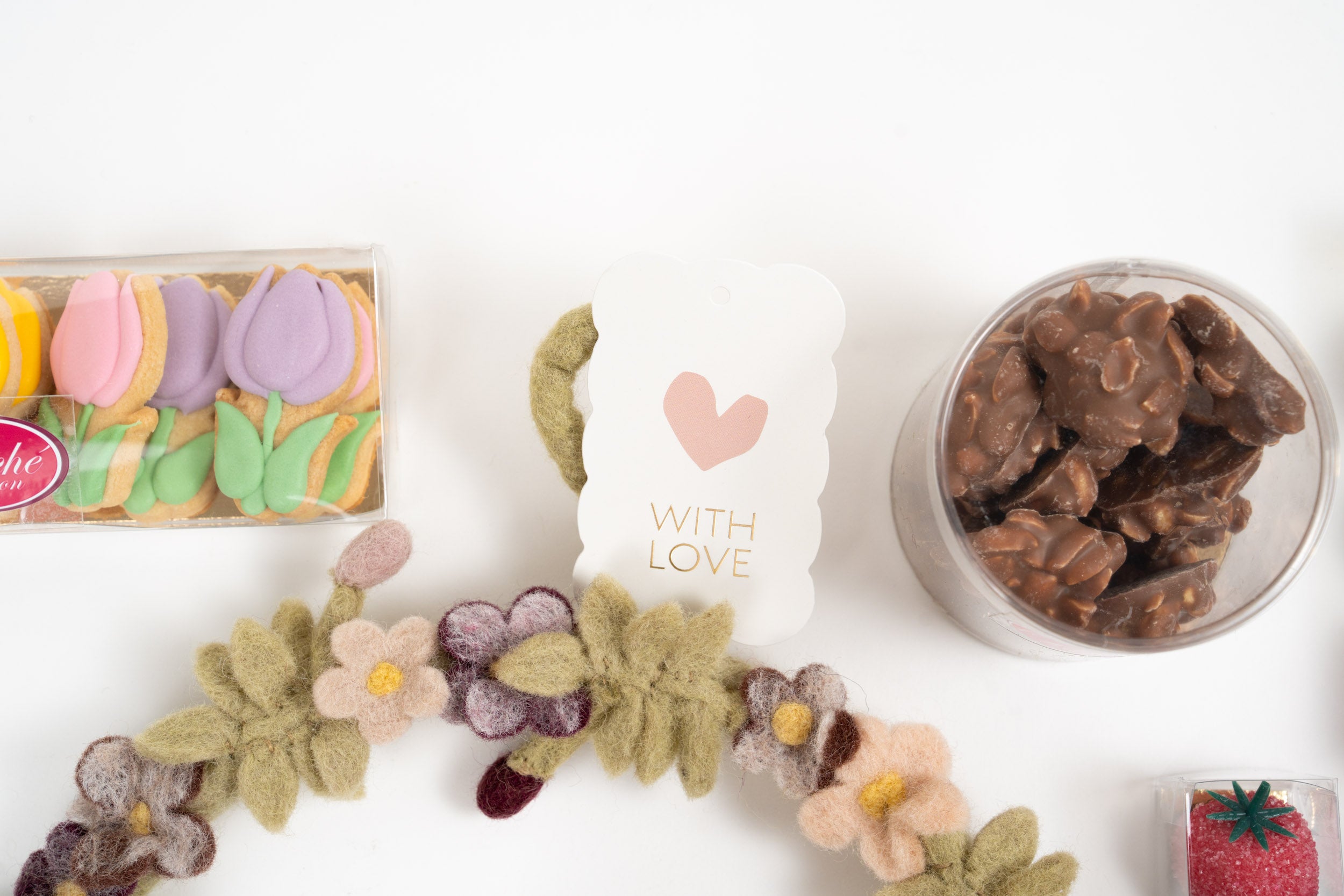 Luxury gift box with Gry & Sif felt wreath, chocolate peanuts, biscuits and sweets arranged for Mother’s Day