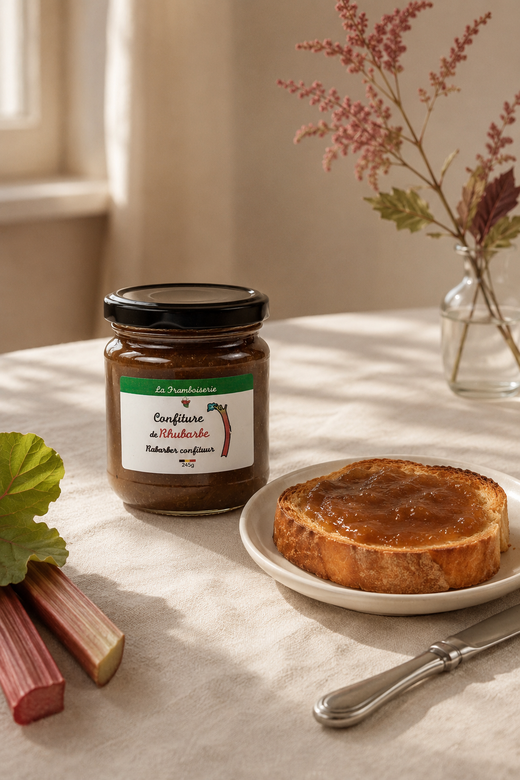 Artisanal rhubarb jam jar styled on an ivory linen breakfast table beside brioche toast, a porcelain plate, and a silver butter knife in soft natural morning light.