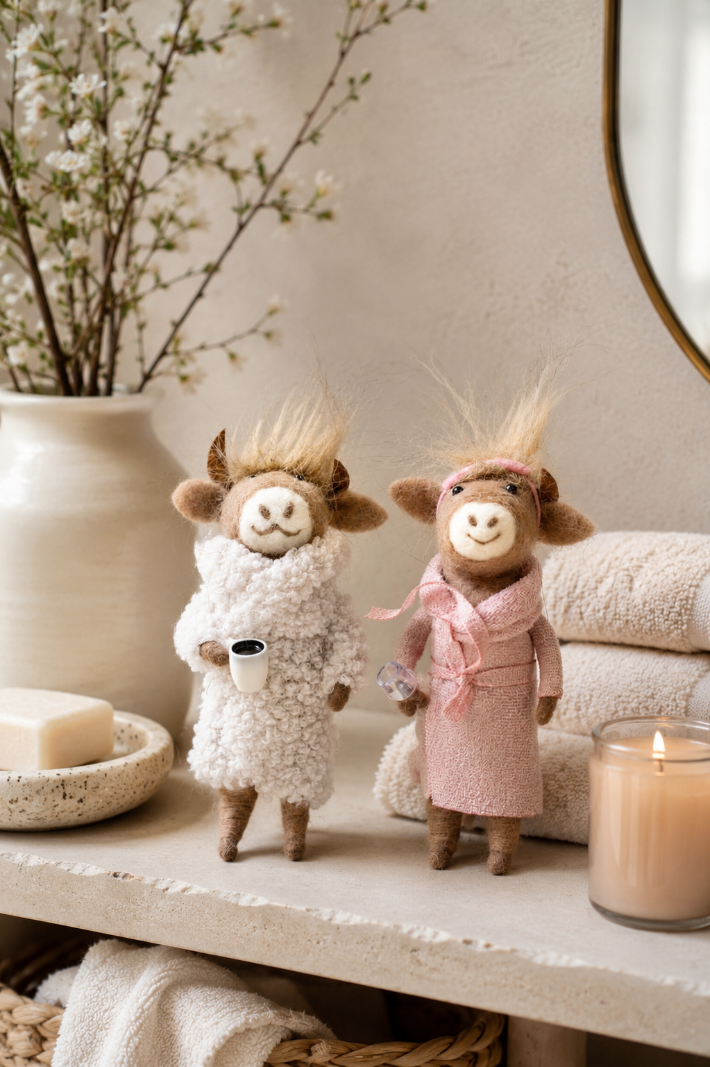 Two whimsical felt cow figurines in spa robes stand on a bathroom shelf beside folded towels, a lit candle, soap, and a vase of white blossoms.