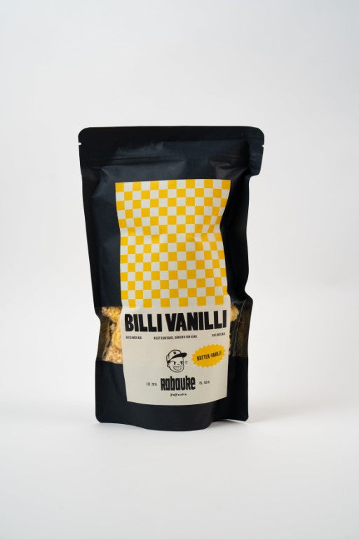 Sachet de popcorn Billi Vanilli Butter-Vanille 100g. Emballage moderne au design épuré pour ce popcorn artisanal belge au goût de biscuit au beurre et vanille. Produit végétarien et sans gluten.