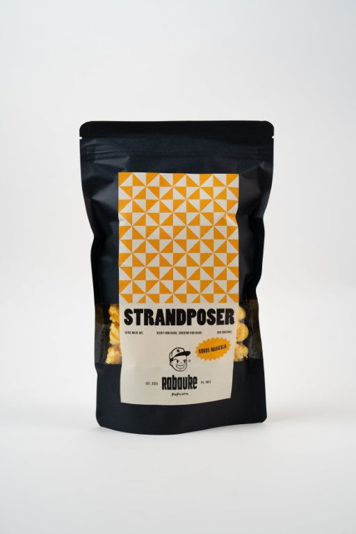 Sachet de popcorn Le Solarium saveur Noix de Coco et Maracuja (100g). Packaging estival pour un popcorn artisanal exotique.