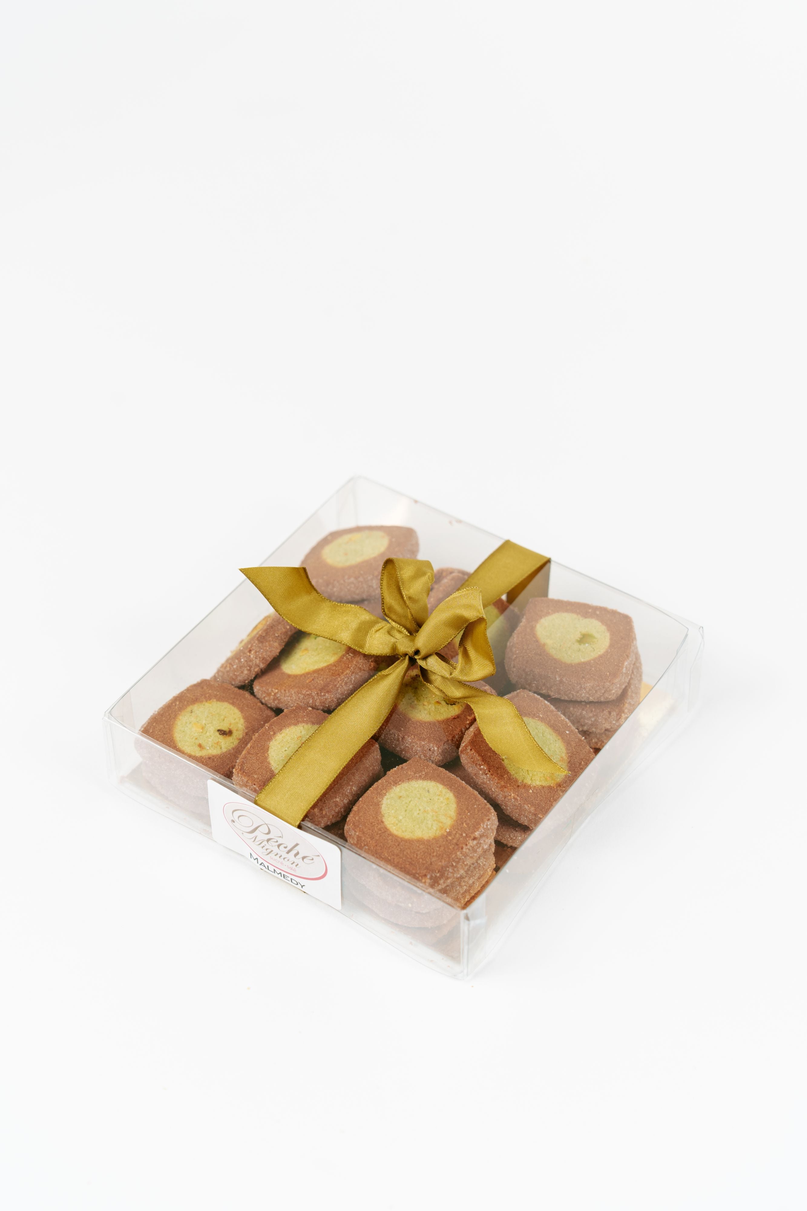 Coffret de sablés chocolat et pistache avec ruban Péché Mignon