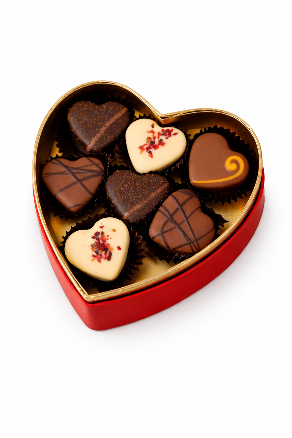 Heart-shaped red tin box filled with seven assorted handmade heart chocolates, including dark, milk, and white chocolate pralines.