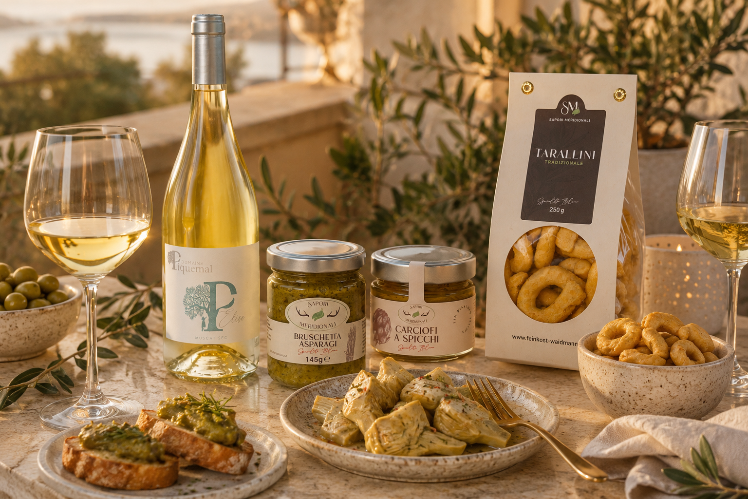 Table d’apéritif méditerranéen avec vin blanc, antipasti italiens, tarallini artisanaux et gourmandises salées dans une ambiance chaleureuse au coucher du soleil.