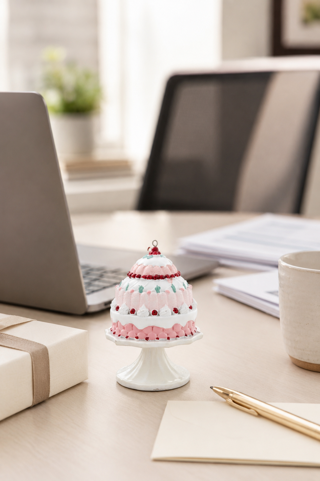 Pink and white tiered cake ornament on a pedestal stand with red ribbon hanging loop.
