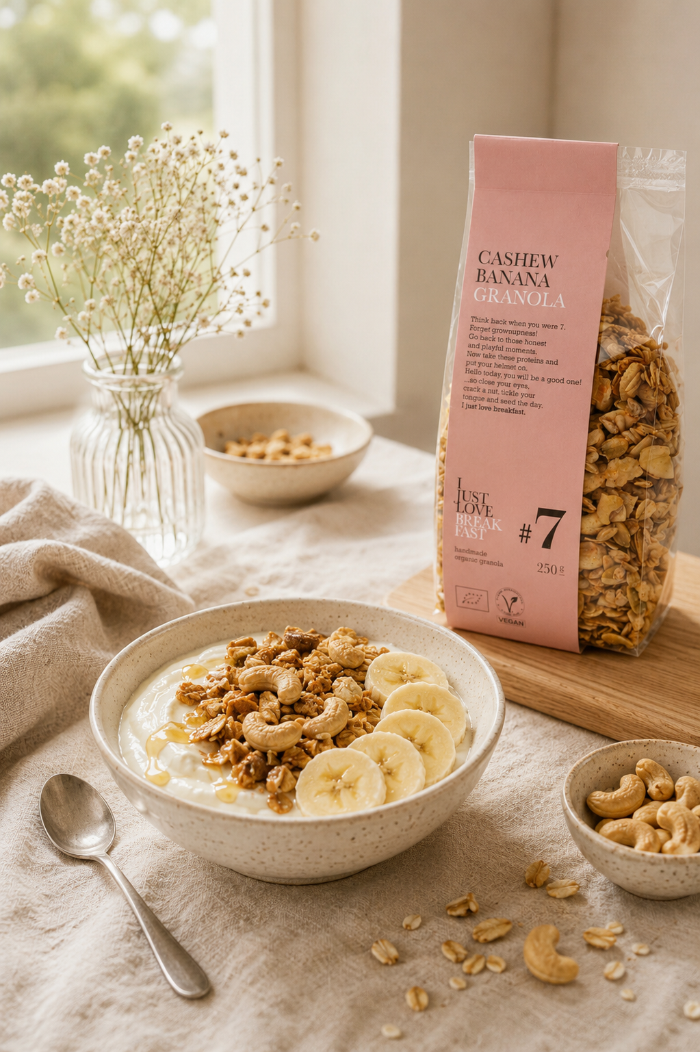 Cashew Banana Granola organic breakfast granola in blush pink packaging with visible oat, banana and nut granola mix.