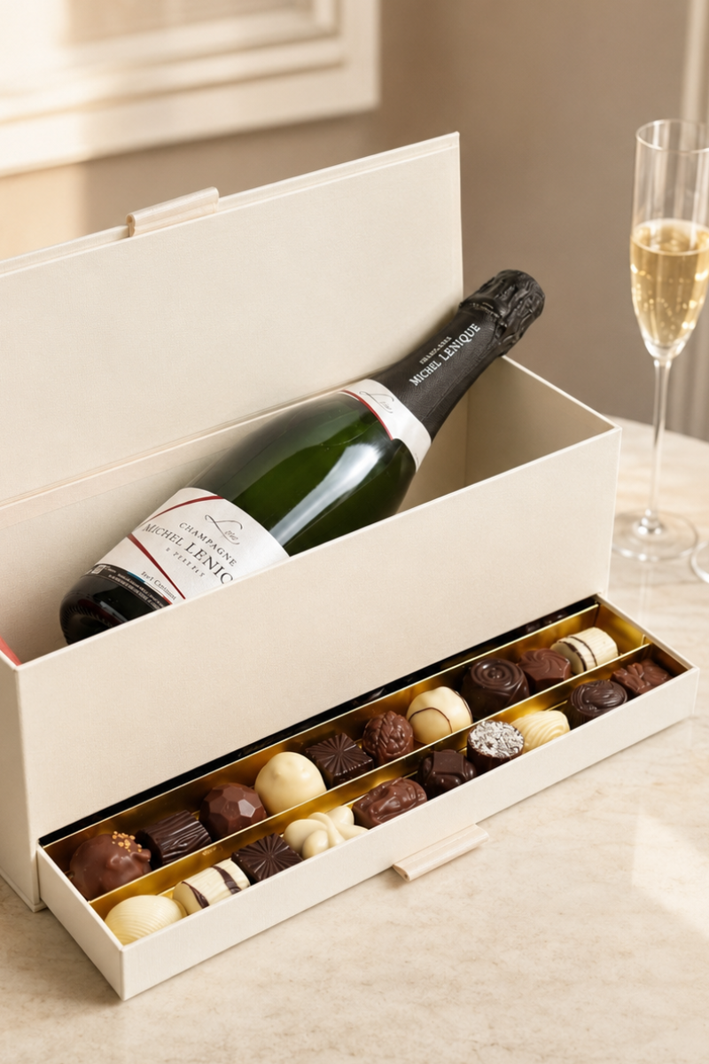 Champagne and assorted Belgian chocolates presented in an elegant cream gift box with a filled champagne flute beside it.
