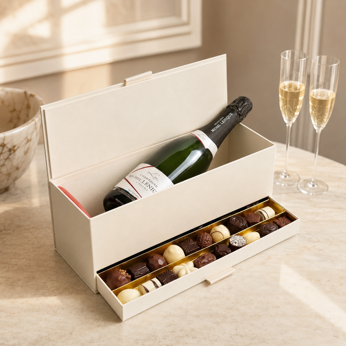 Cofanetto regalo aziendale con champagne e praline artigianali