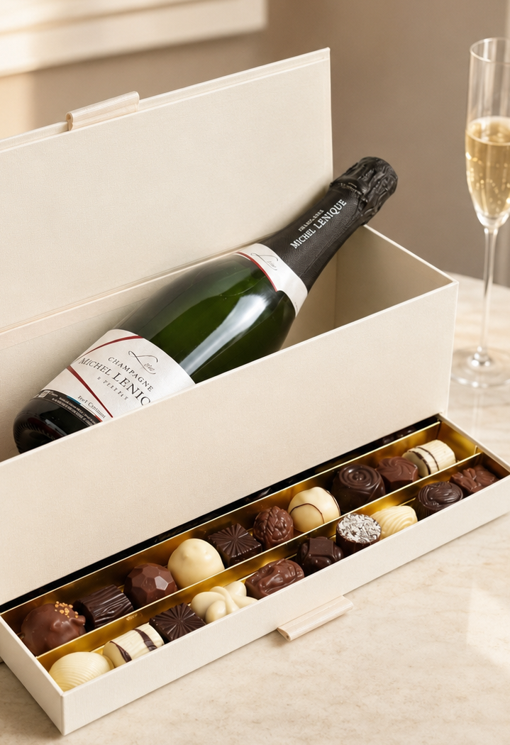 Champagne and assorted Belgian chocolates presented in an elegant cream gift box with a filled champagne flute beside it.