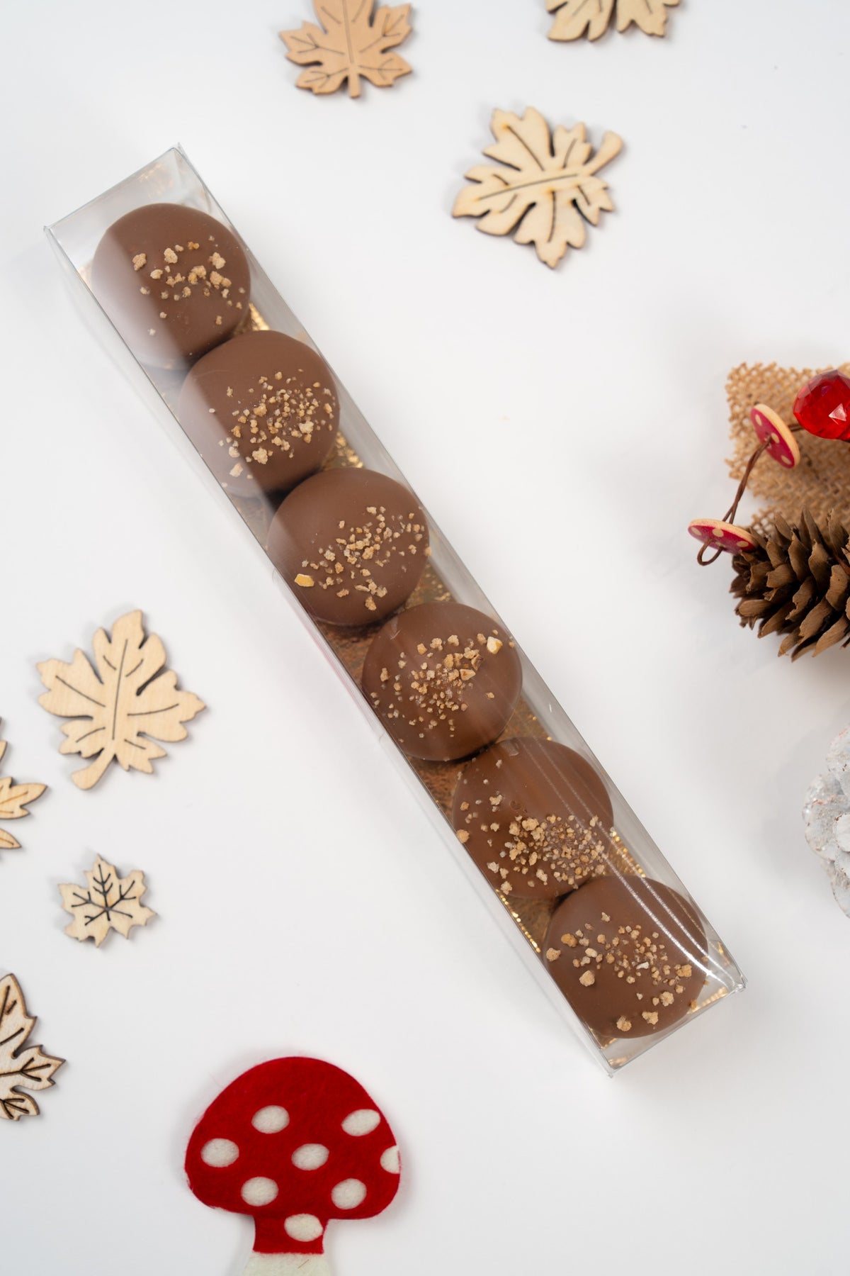 Coffret transparent de six mini Melocakes Brésilienne enrobés de chocolat au lait et parsemés d’éclats croustillants, photographié à plat sur fond blanc avec des décorations automnales.
