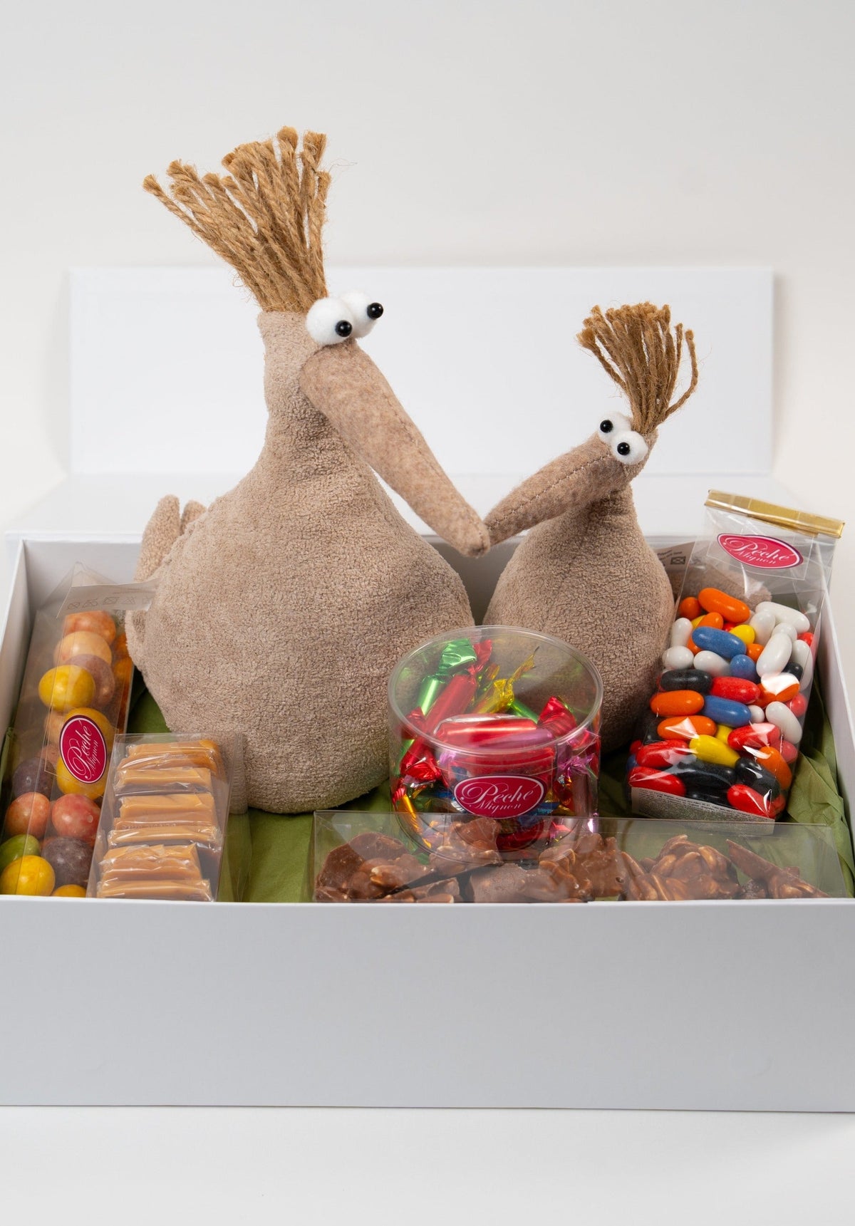 coffret cadeau avec nichoir decoratif et assortiment de confiseries artisanales incluant caramels bonbons fruites et rochers cacahuete
