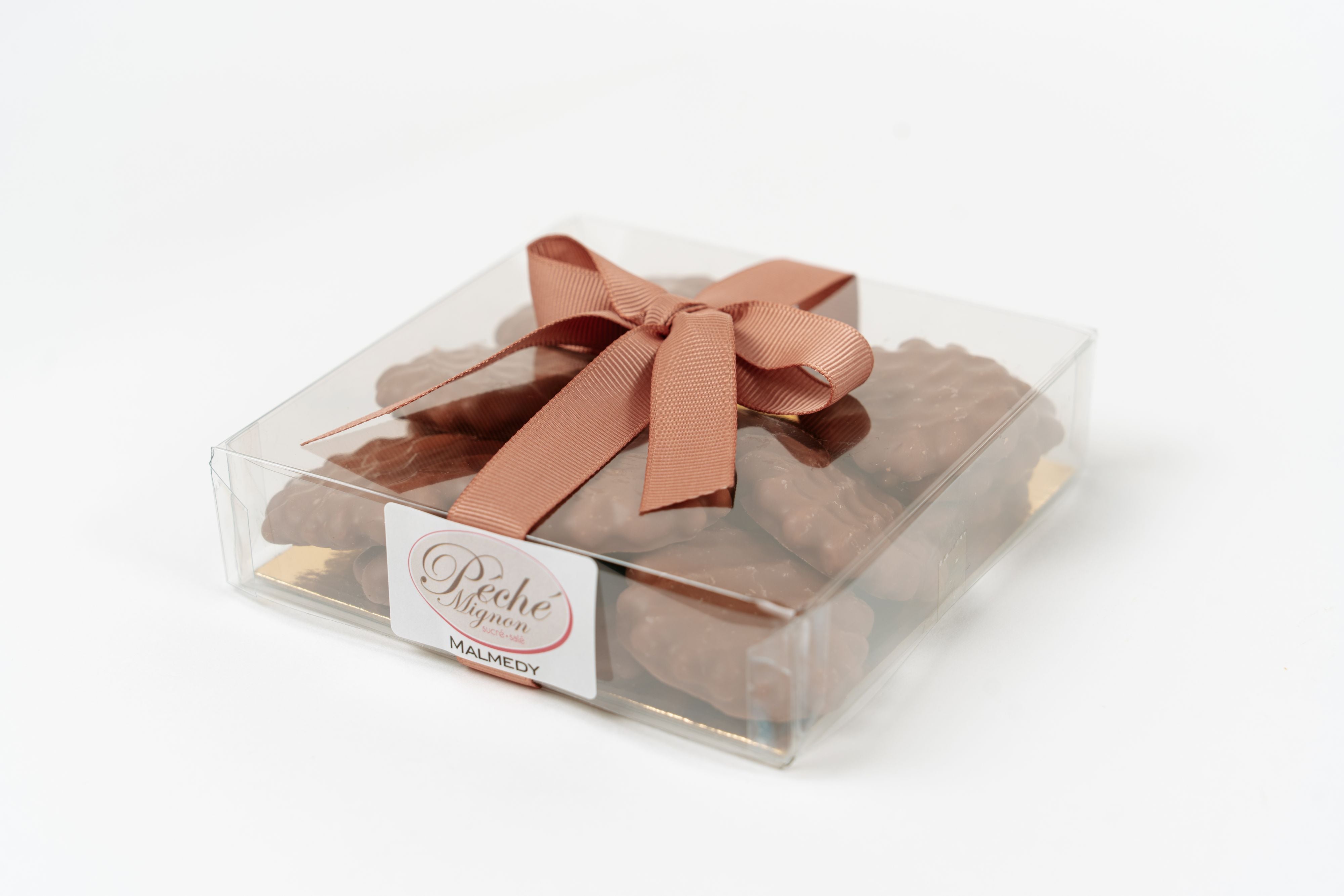 Coffret de mini gaufres enrobées de chocolat au lait avec ruban Péché Mignon