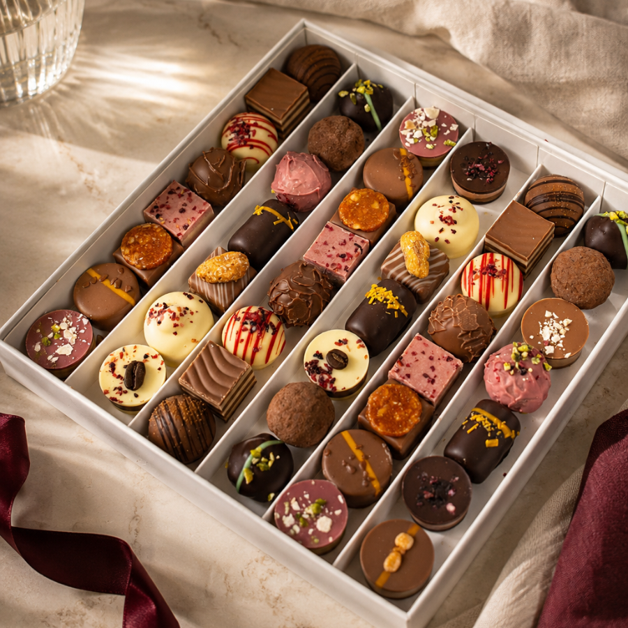 Coffret de pralines artisanales assorties avec chocolats noir, lait et blanc, ganaches fruitées et pralinés gourmands.