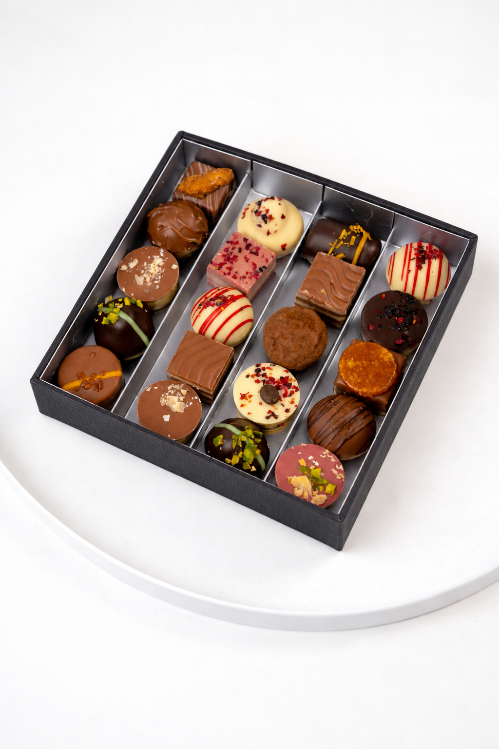 Péché Mignon premium 220g praline gift box with assorted Belgian chocolates in a black presentation box with silver tray.