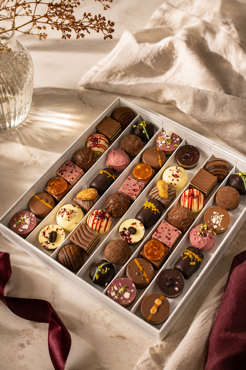 Coffret de pralines artisanales Péché Mignon présenté dans un décor lifestyle élégant avec linge ivoire et ruban bordeaux.