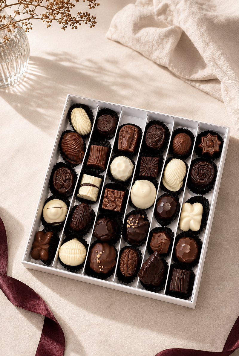 Coffret de pralines belges artisanales Péché Mignon présenté dans un décor lifestyle élégant avec linge ivoire et ruban bordeaux.