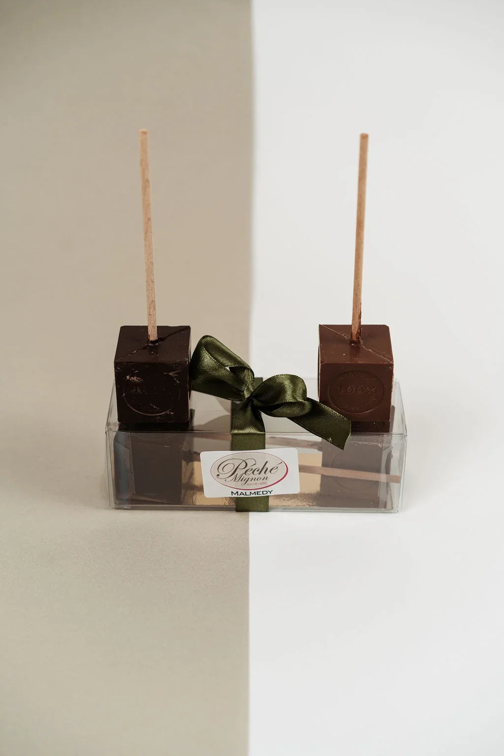 Detail of artisan hot chocolate cubes in dark and milk chocolate with rich texture