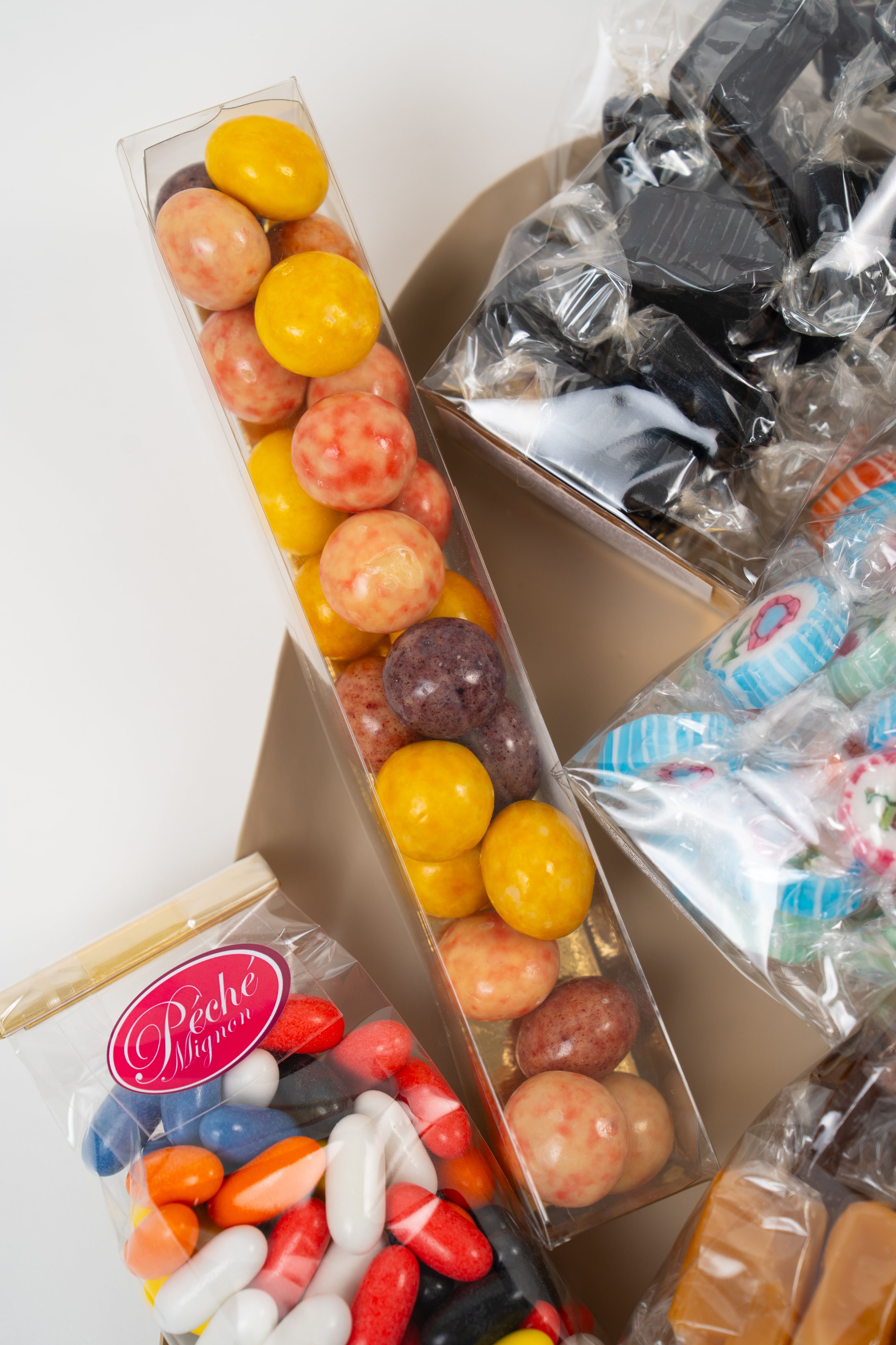 Close up of Danish candy selection with chocolate eggs liquorice sweets and caramel candies