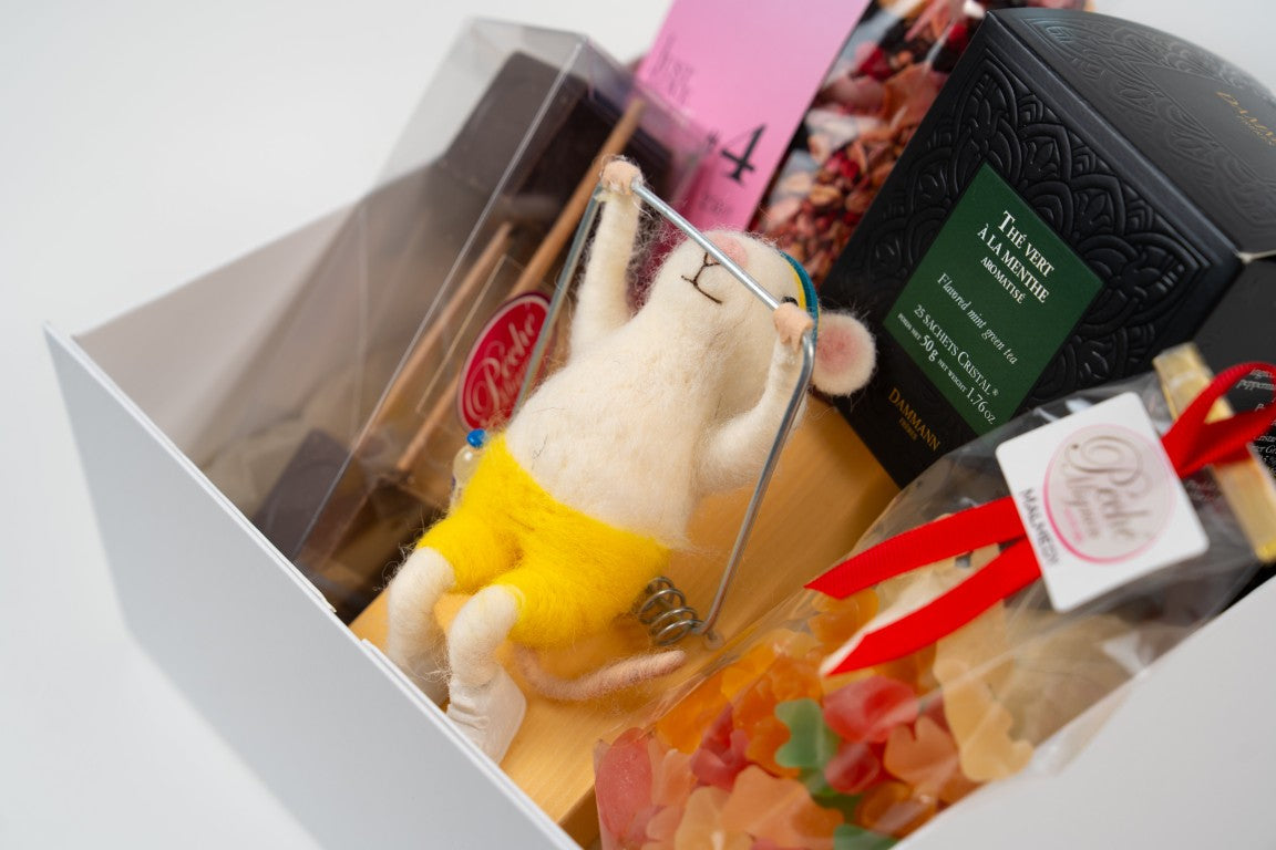 Geschenkbox "Sportliche Maus" – Rosen-Granola, Minztee & Trinkschokolade