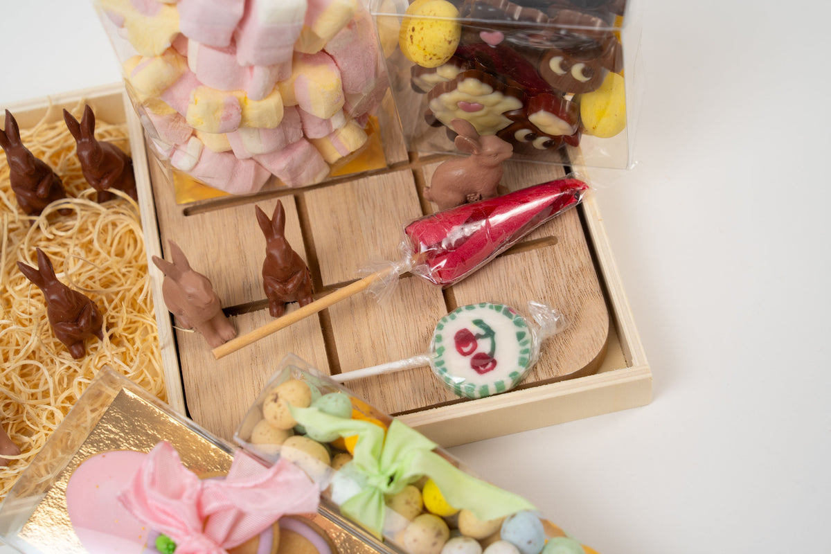 Easter chocolate tic tac toe gift set with chocolate bunny pieces marshmallows and sweets by Le Péché Mignon