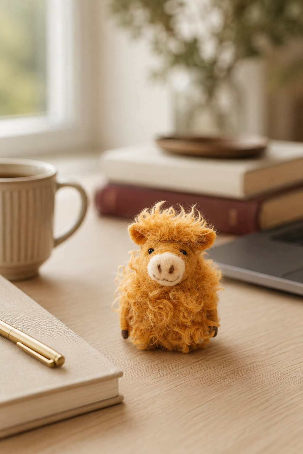 Gry & Sif golden curly felt cow styled on a wooden desk with books, a pen, and warm natural light.