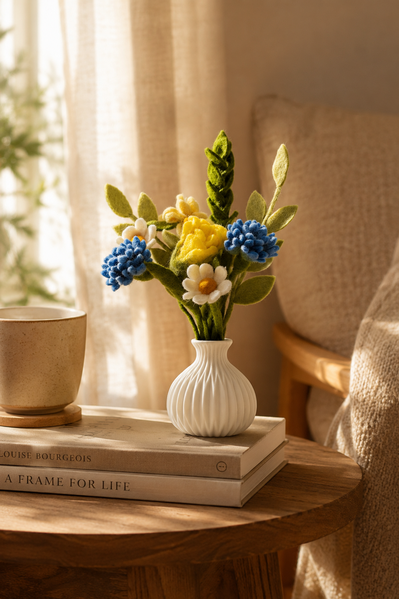 Felt flower bouquet in a white vase on a wooden side table