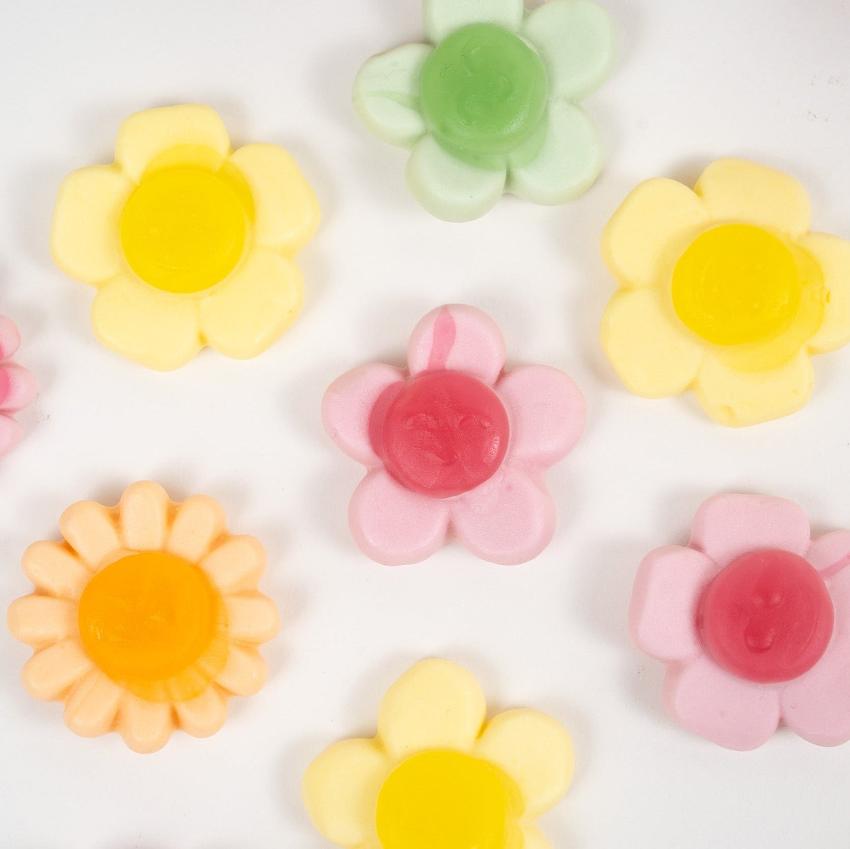 Flower shaped fruit jellies in pastel colours