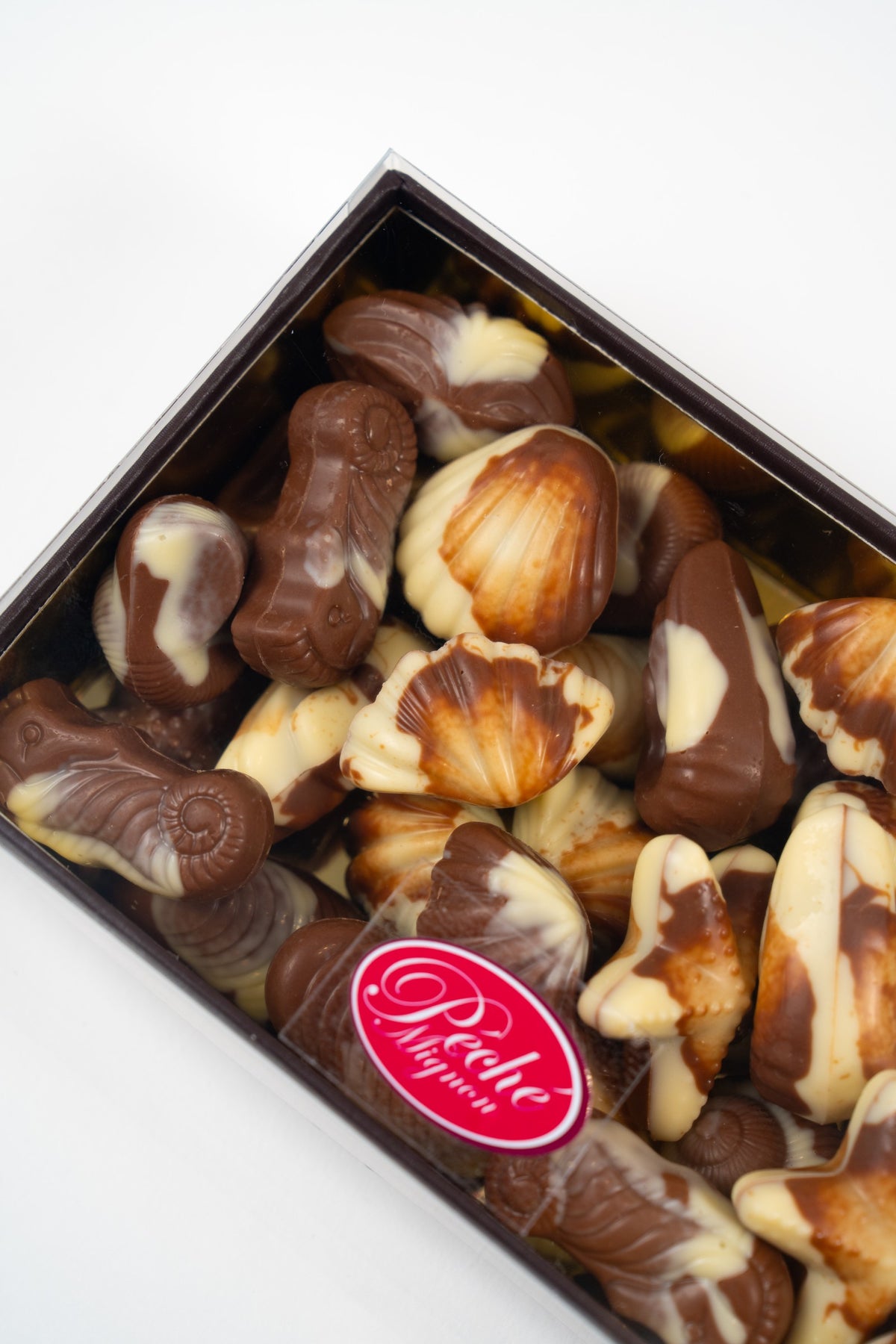 Close-up of a Péché Mignon box of Belgian marbled milk and white chocolate seashells and seahorses under a clear lid.